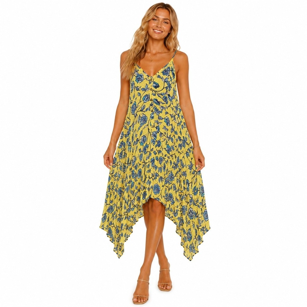 Angie S Y2K Floral Dress‎ Handkerchief Hem Asymmetrical Yellow Fairy Boho 90's
